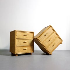 Pair of bedside tables with pine frames covered in wicker and bamboo - c. 1970 -