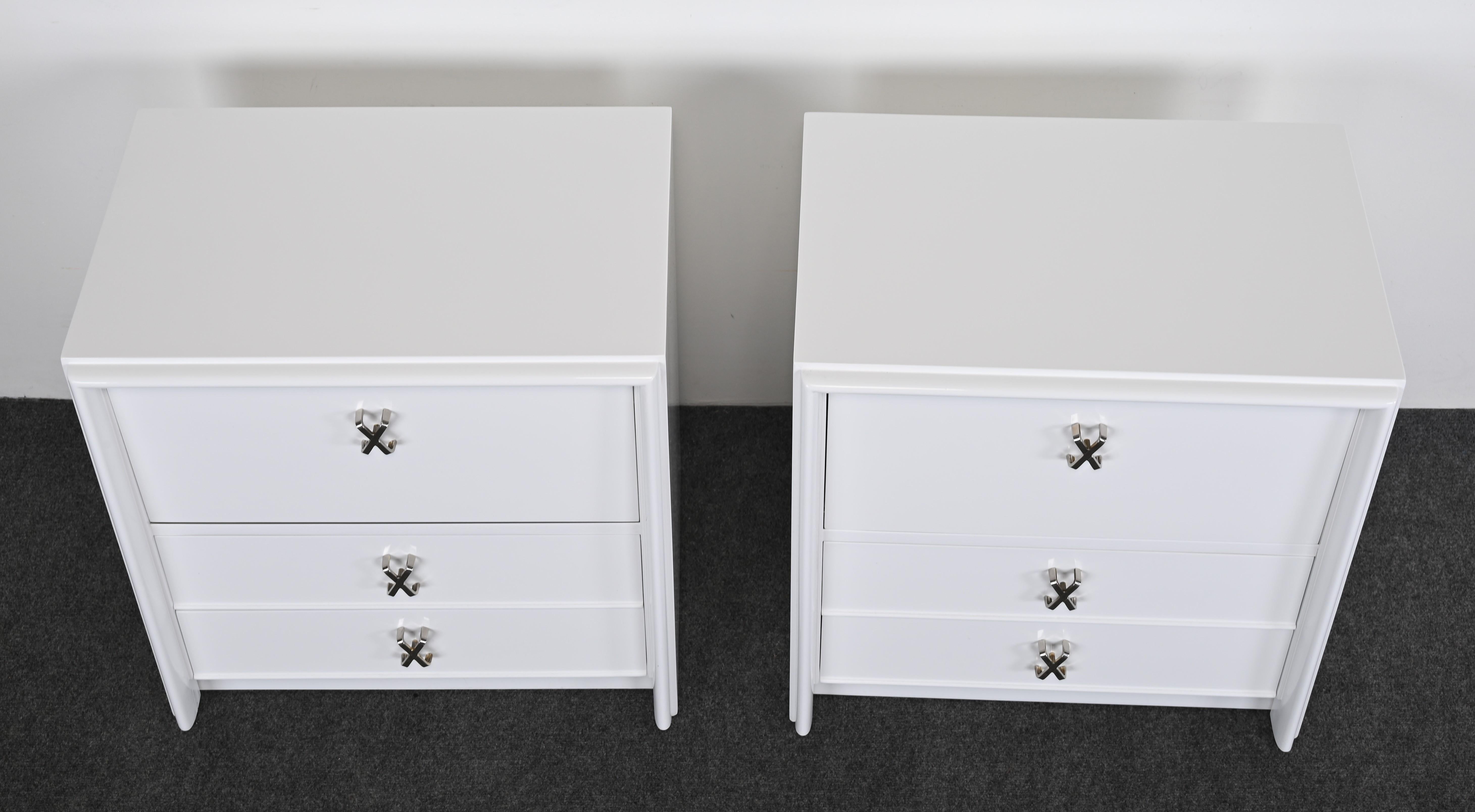 Mid-Century Modern Pair of Bedside Tables with Silver X-Pulls by Paul Frankl, 1950 For Sale