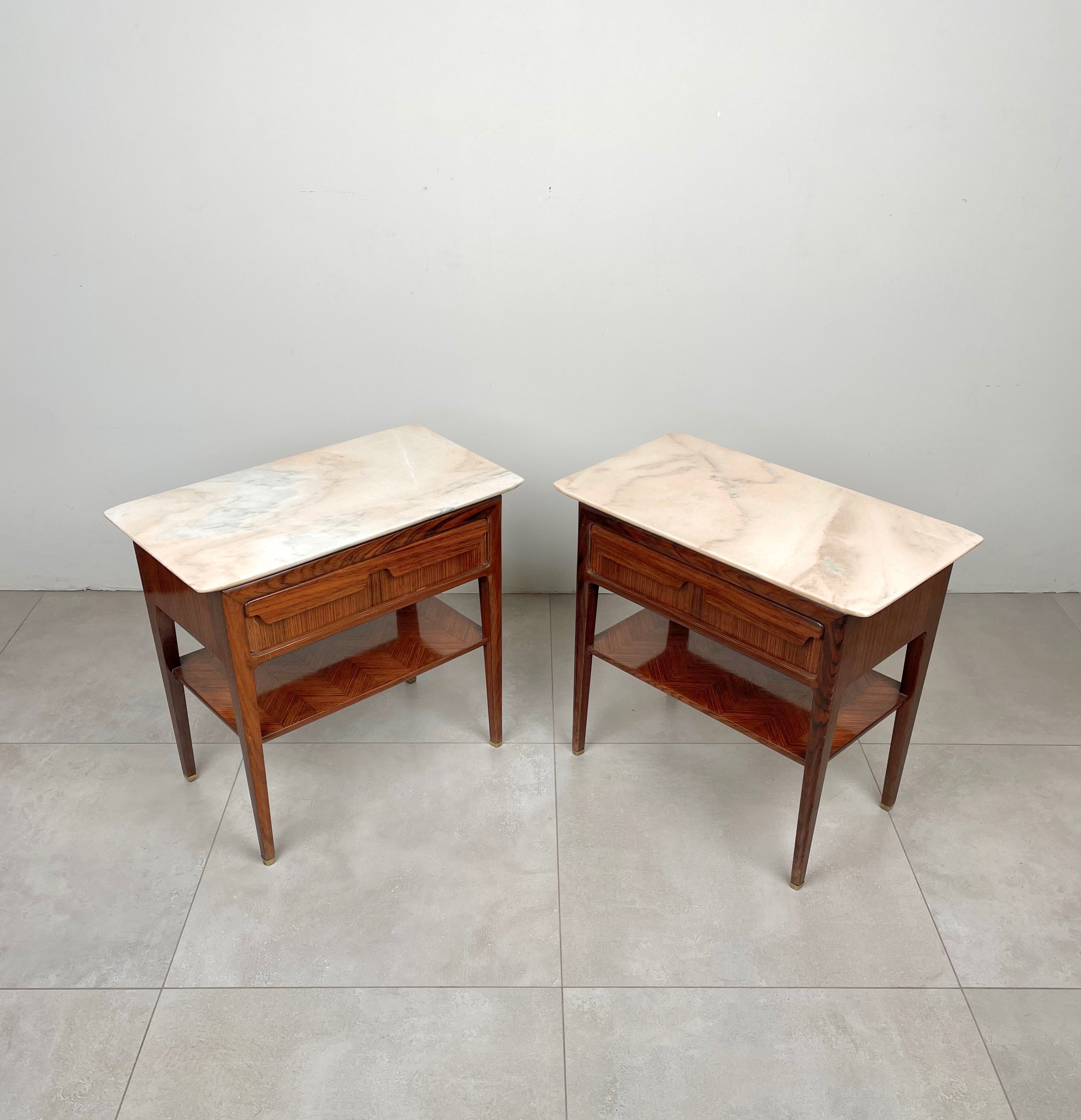 Mid-Century Modern Pair of Bedside Tables Wood and Marble by Vittorio Dassi, Italy 1950s