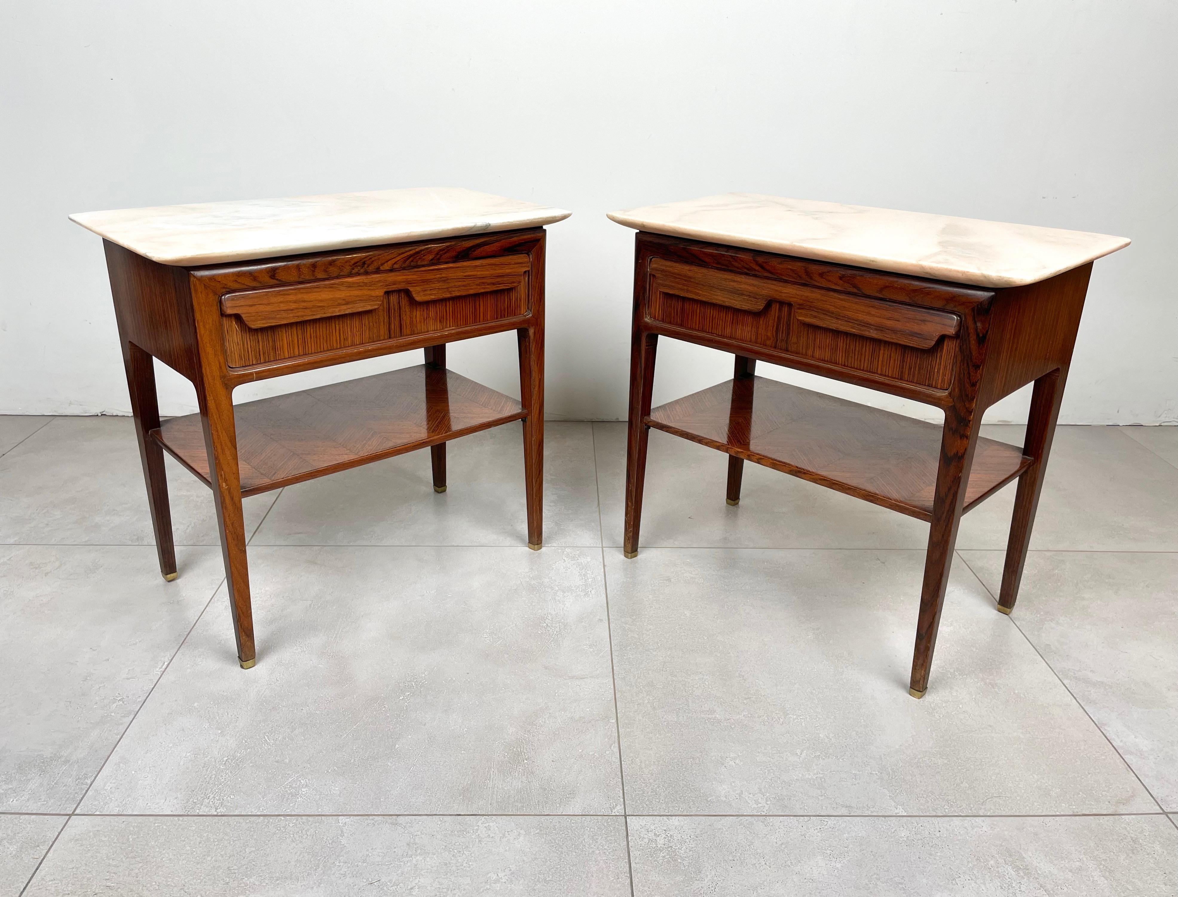 Italian Pair of Bedside Tables Wood and Marble by Vittorio Dassi, Italy 1950s