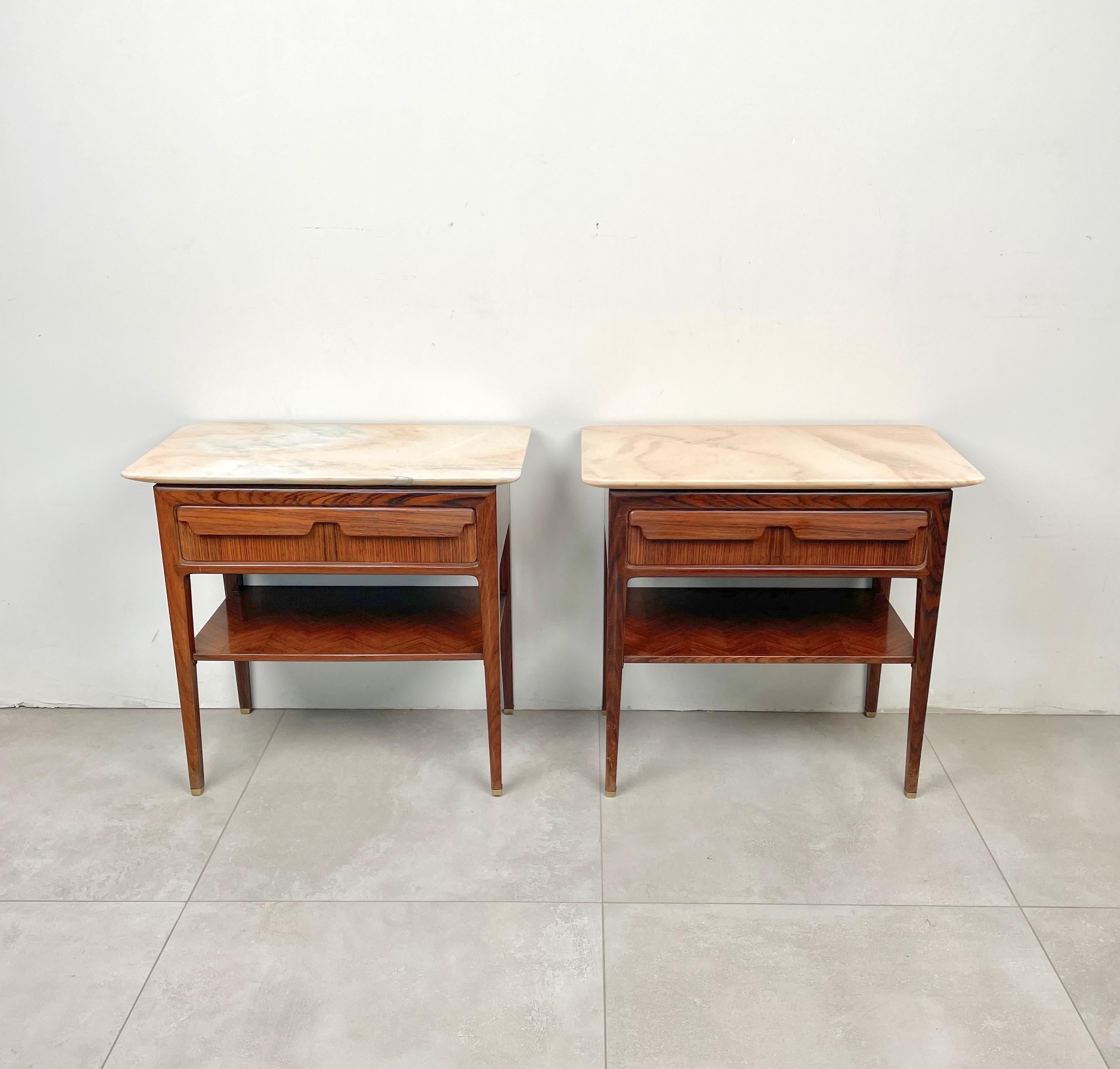 Pair of Bedside Tables Wood and Marble by Vittorio Dassi, Italy 1950s In Good Condition In Rome, IT