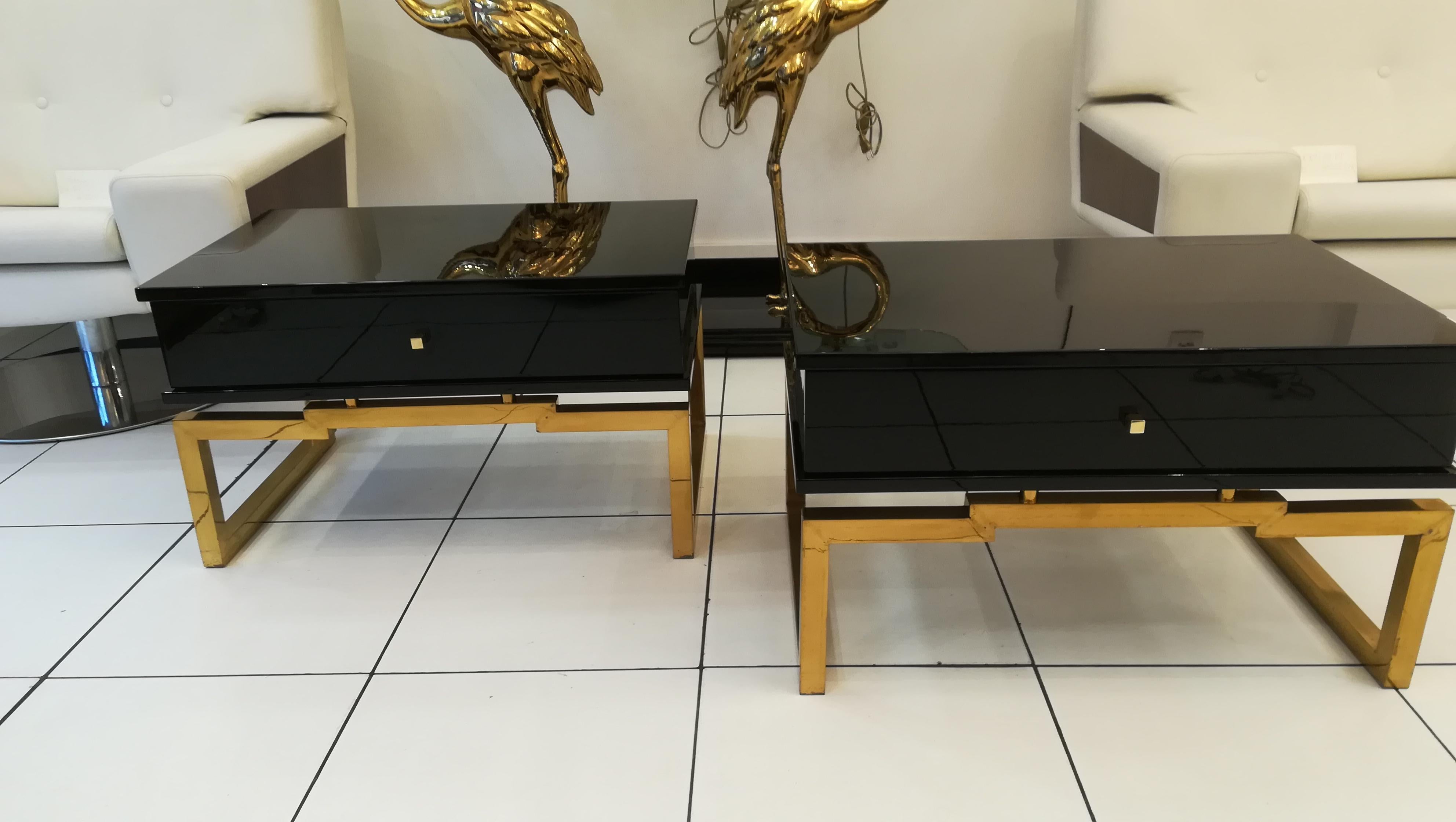 Brass Pair of Bedsides or End Tables in Lacquered Wood, circa 1970