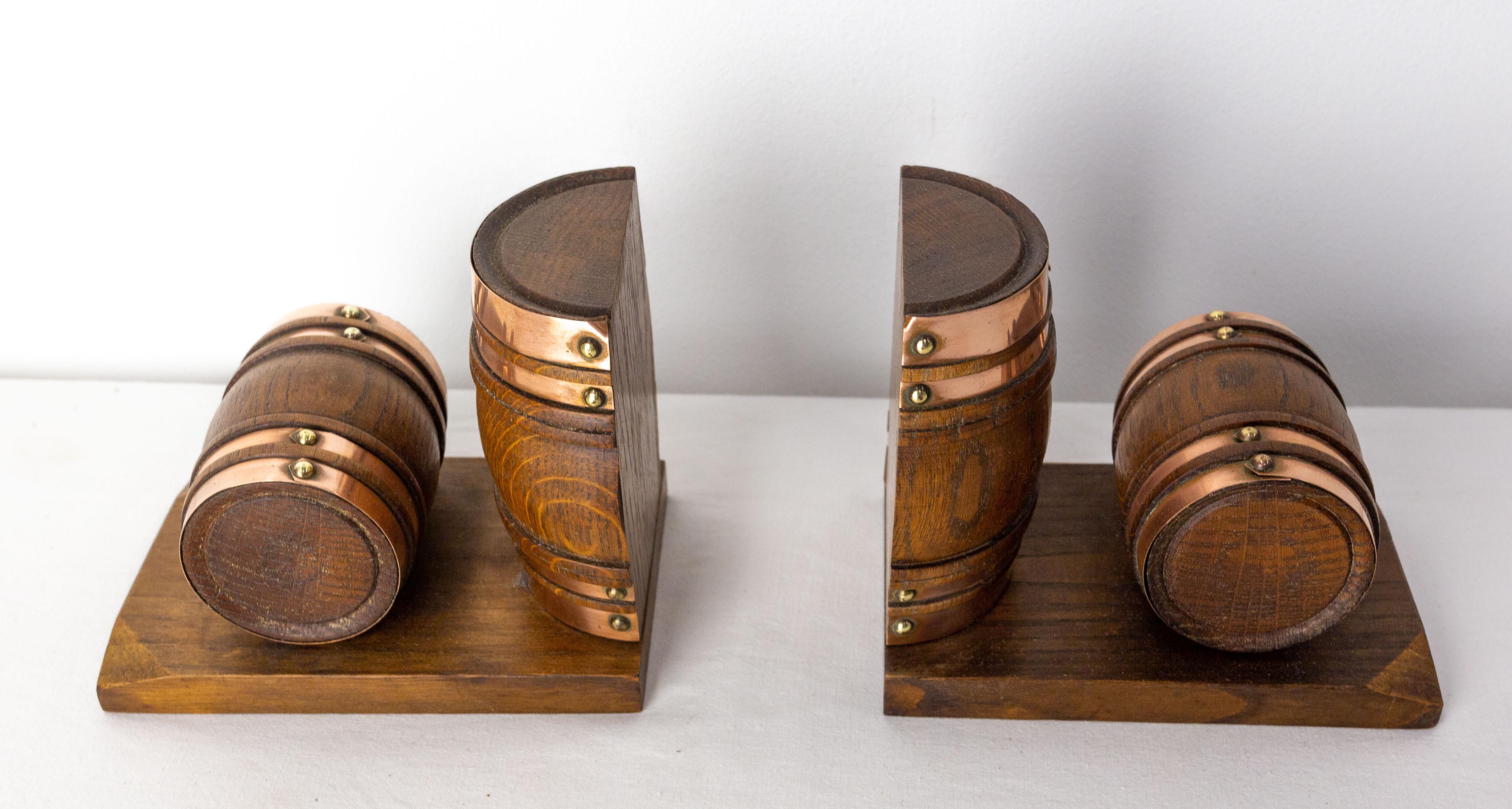 Mid-Century Modern Pair of Beech and Copper Barrel Bookends, France, circa 1940 For Sale