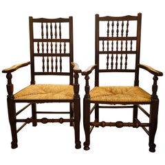 Antique Pair of Beech and Elm Spindle Back Armchairs