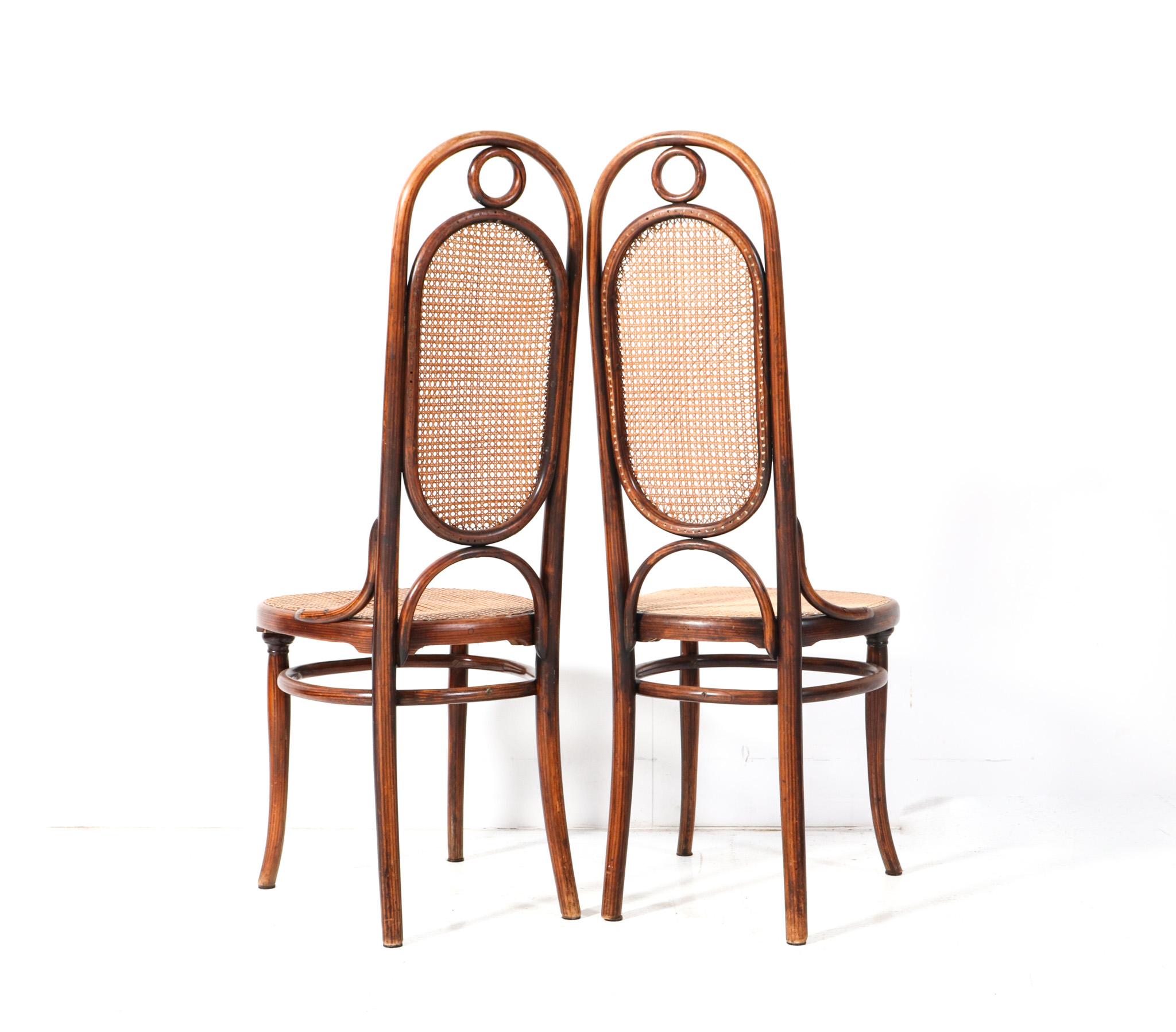 Magnificent and ultra rare pair of Art Nouveau Model 17 side chairs.
Design by Michael Thonet for Gebrüder Thonet Vienna.
Striking Austrian design from the 1890s.
Original beech and bentwood frames with original cane backs and seatings.
Ultra rare