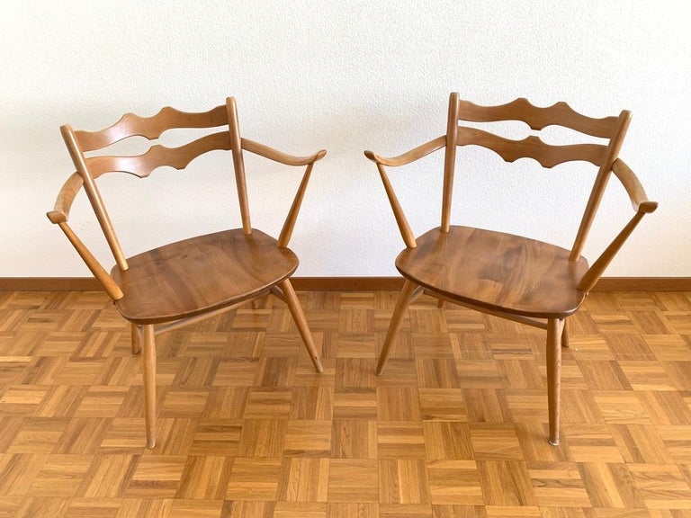Elegant Pair Of Elm And Beech Easy Chairs By Ercol Uk 1950s