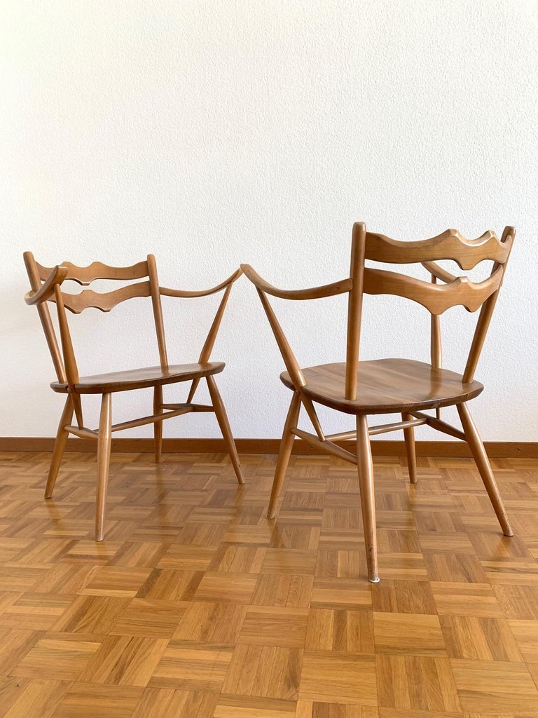 Elegant Pair Of Elm And Beech Easy Chairs By Ercol Uk 1950s