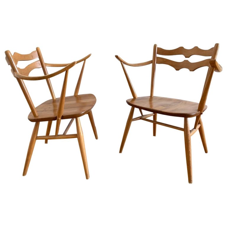 Elegant Pair Of Elm And Beech Easy Chairs By Ercol Uk 1950s