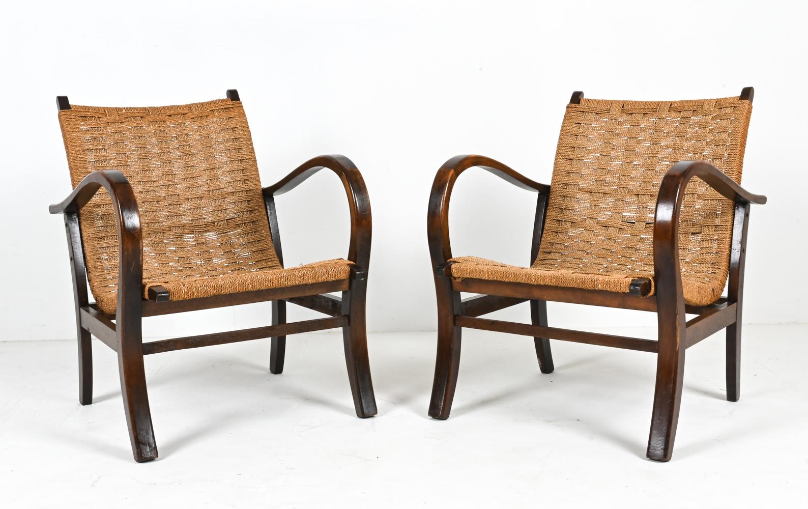 Bauhaus Paire de fauteuils en hêtre et cordon de papier à la manière d'Erich Dieckmann en vente