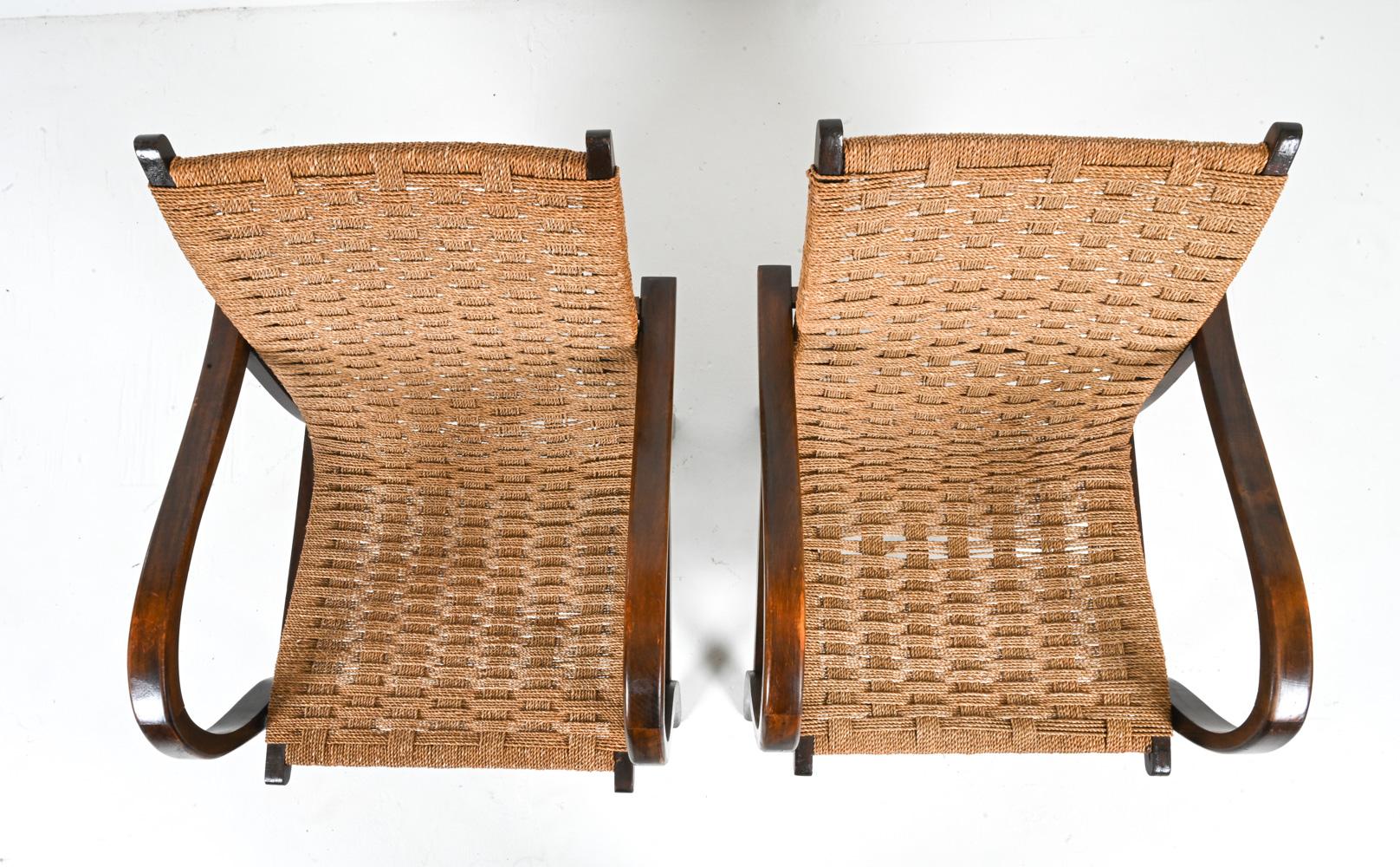 20th Century Pair of Beech & Papercord Armchairs in the Manner of Erich Dieckmann For Sale