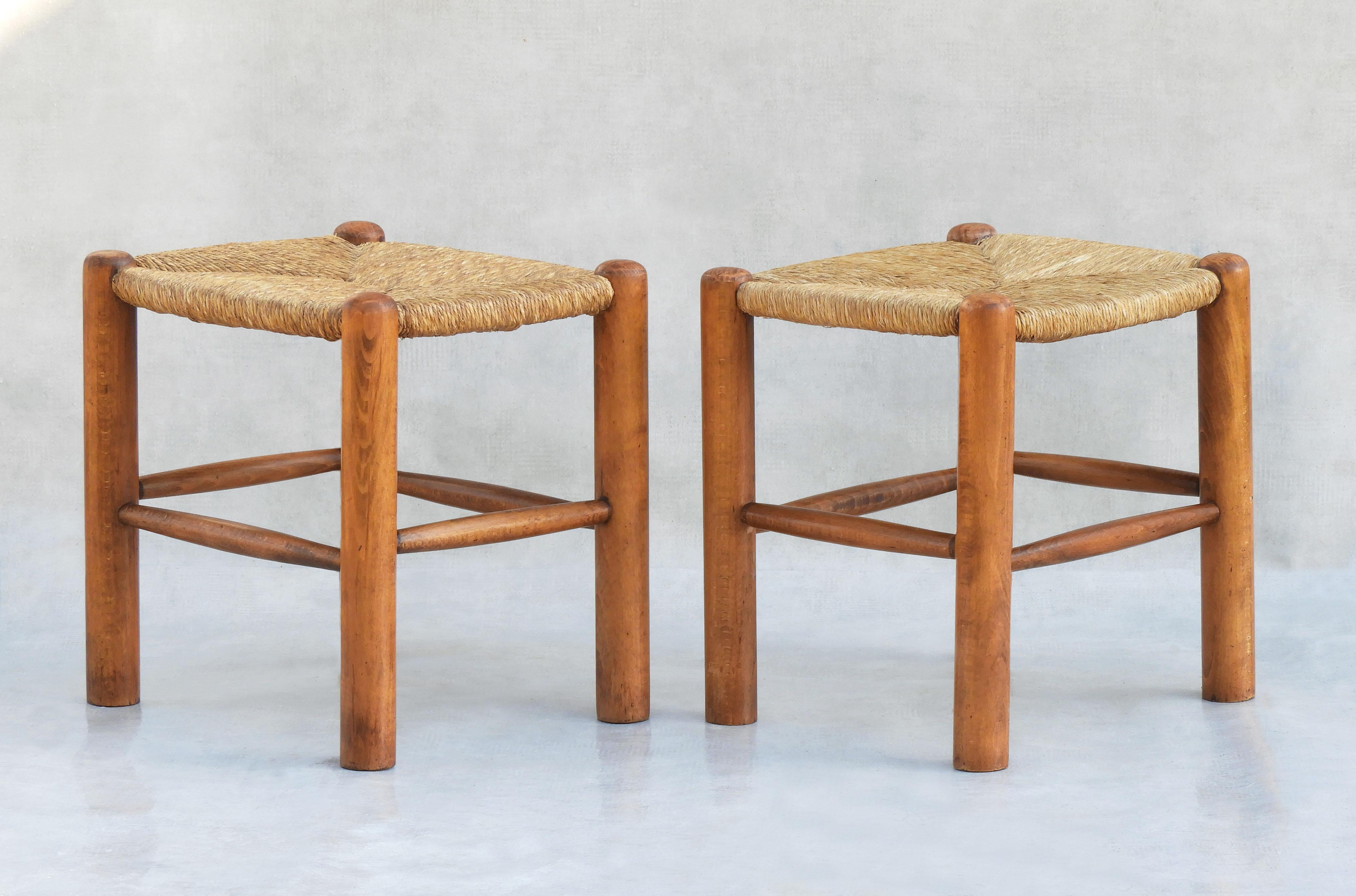 French Provincial Pair of Beech & Rush Seat Charlotte Perriand Style Tabouret Stools c1970 France