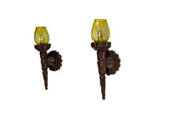 Pair of Pine Sconces & Colored Glass circa 1940, France