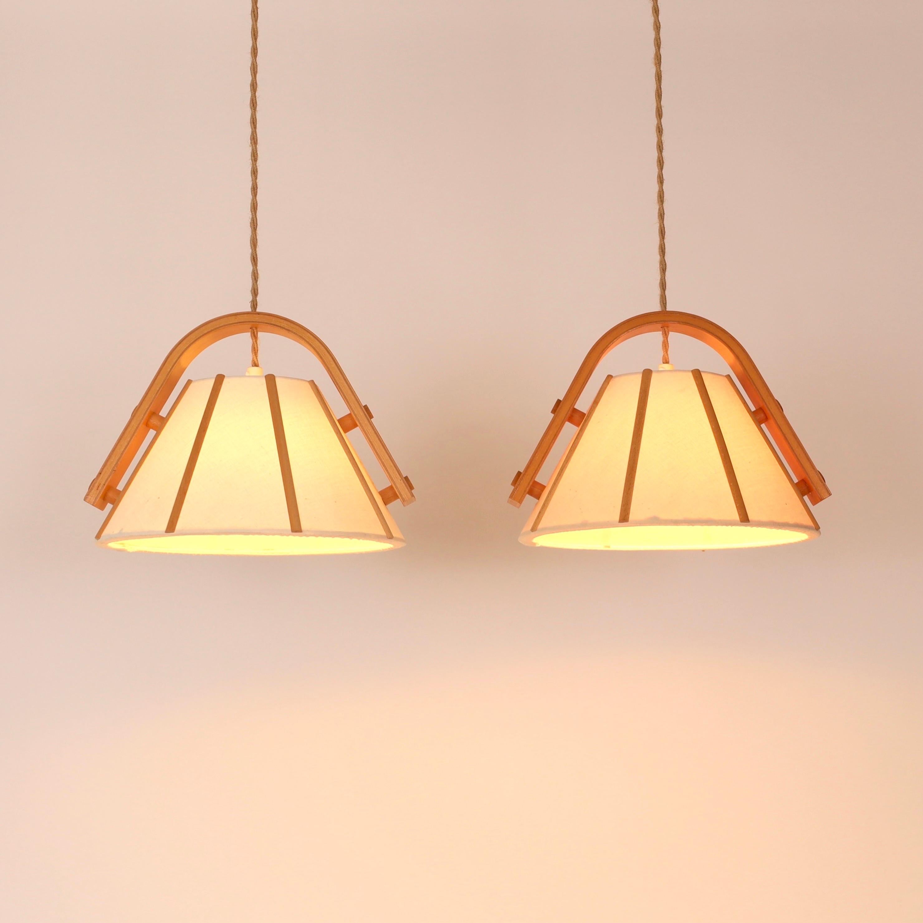 Pair of Beech wood pendant lights by Jan Wickelgren, 1970s, Sweden 6