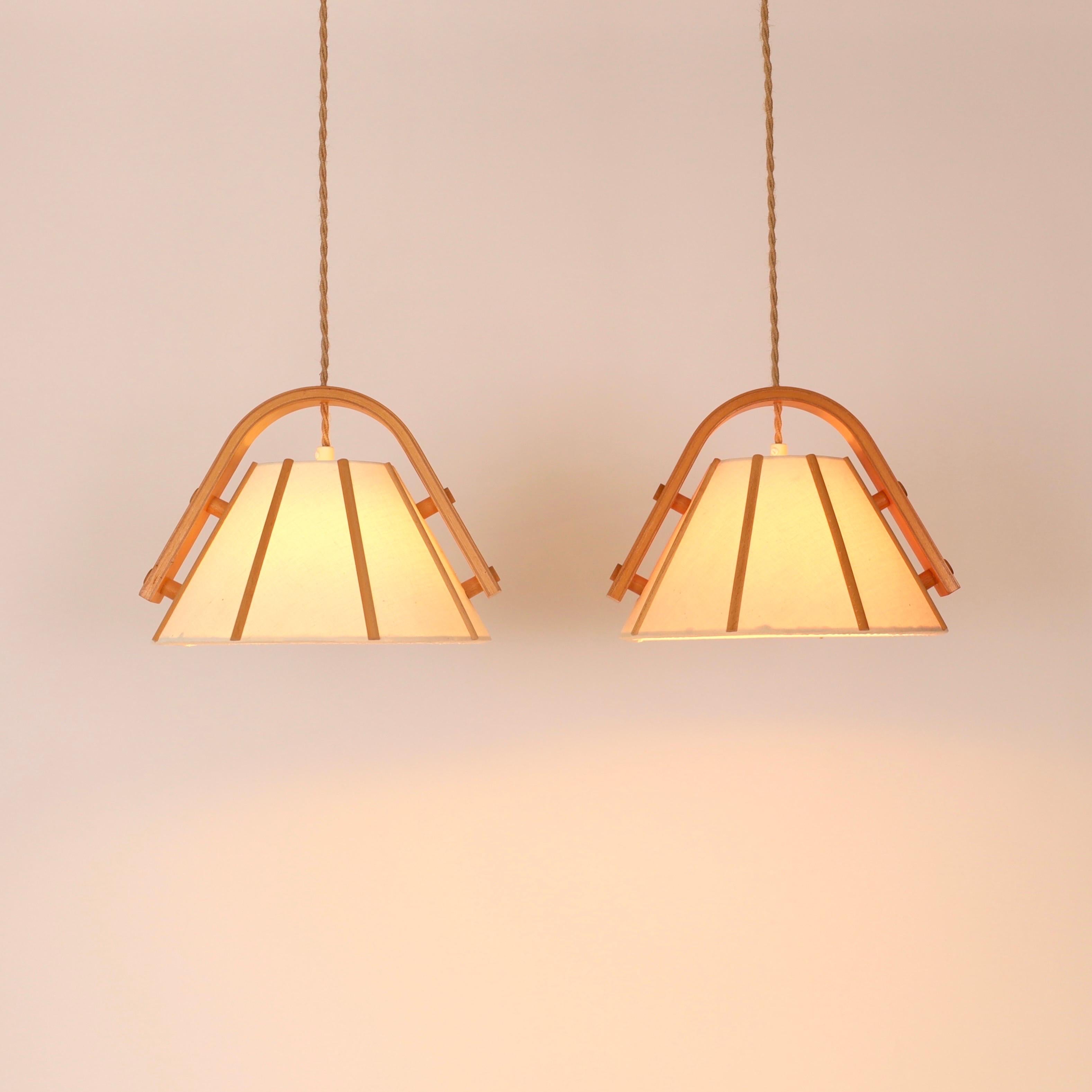 Late 20th Century Pair of Beech wood pendant lights by Jan Wickelgren, 1970s, Sweden