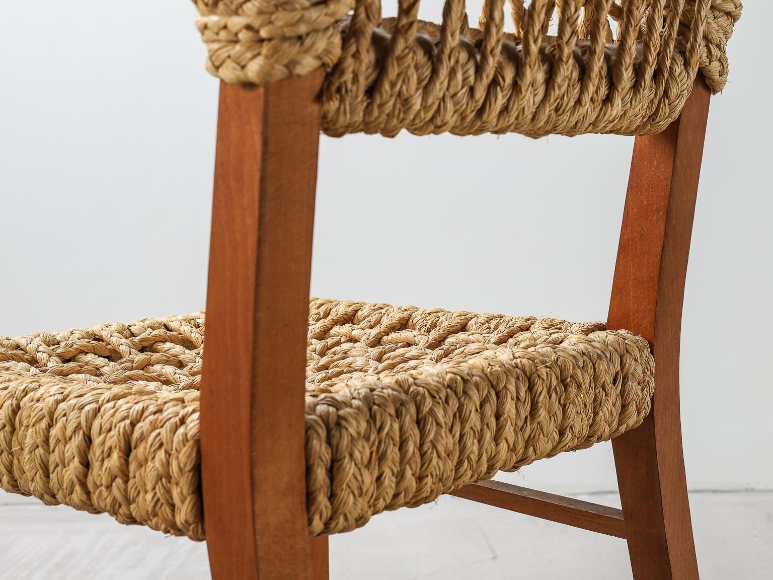 Pair of Beech & Woven Rope Dining Chairs by Adrien Audoux and Frida Minet, 1950s 12