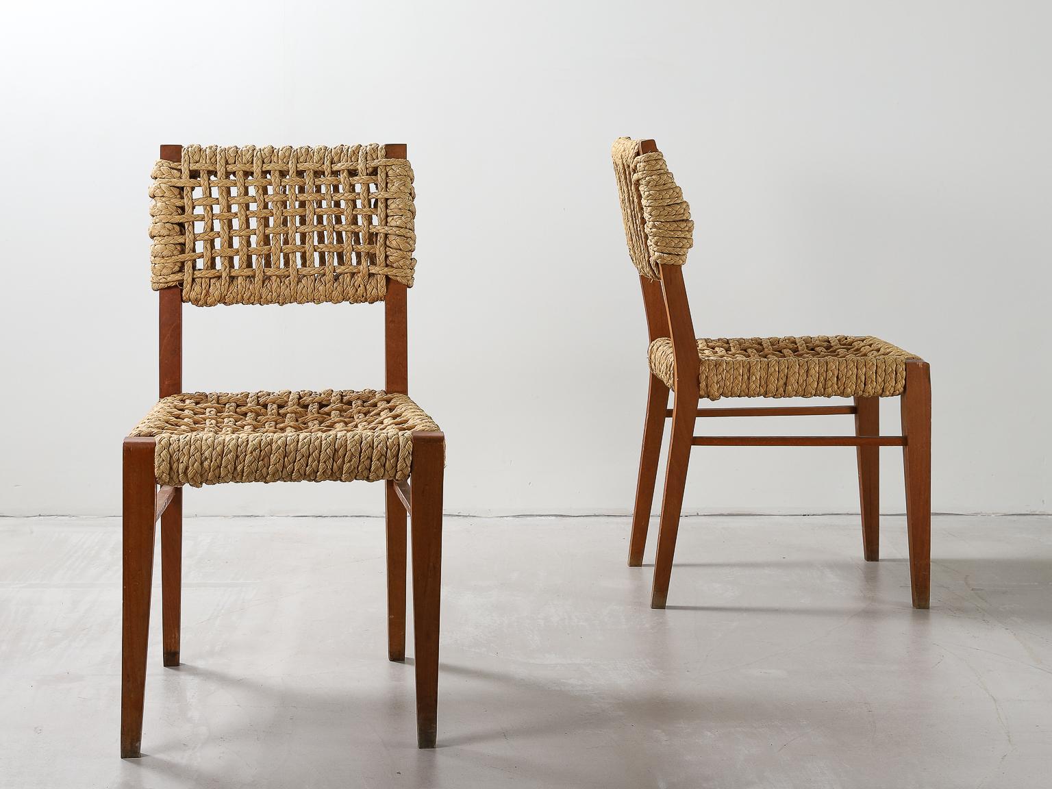 French Pair of Beech & Woven Rope Dining Chairs by Adrien Audoux and Frida Minet, 1950s