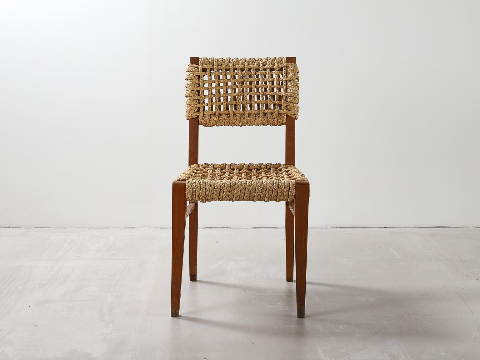 Pair of Beech & Woven Rope Dining Chairs by Adrien Audoux and Frida Minet, 1950s In Good Condition In London, Charterhouse Square