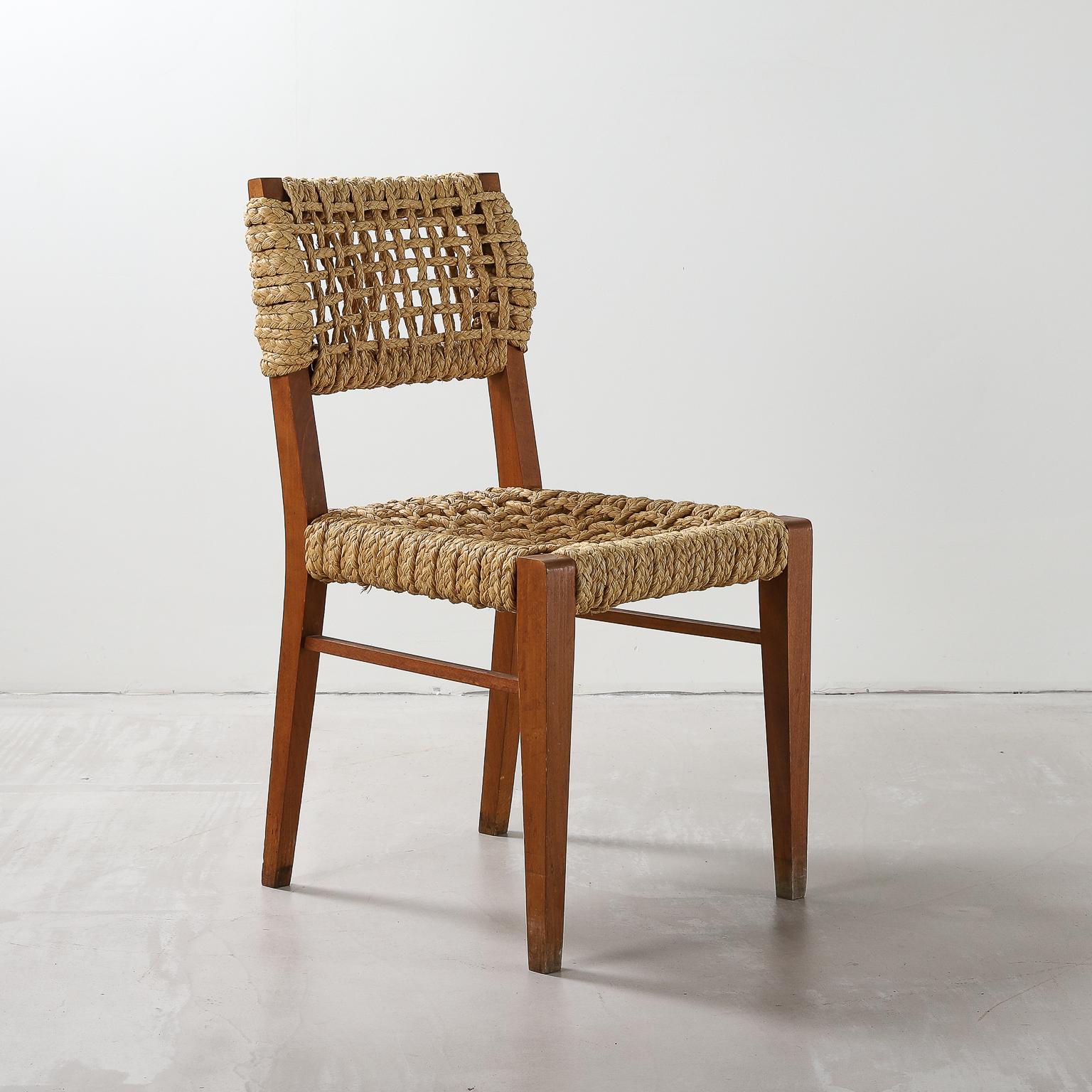 Mid-20th Century Pair of Beech & Woven Rope Dining Chairs by Adrien Audoux and Frida Minet, 1950s