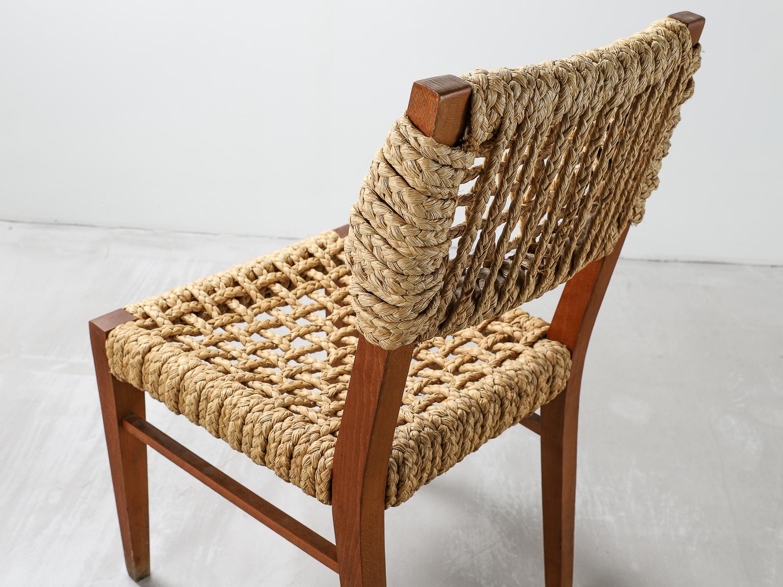 Pair of Beech & Woven Rope Dining Chairs by Adrien Audoux and Frida Minet, 1950s 1
