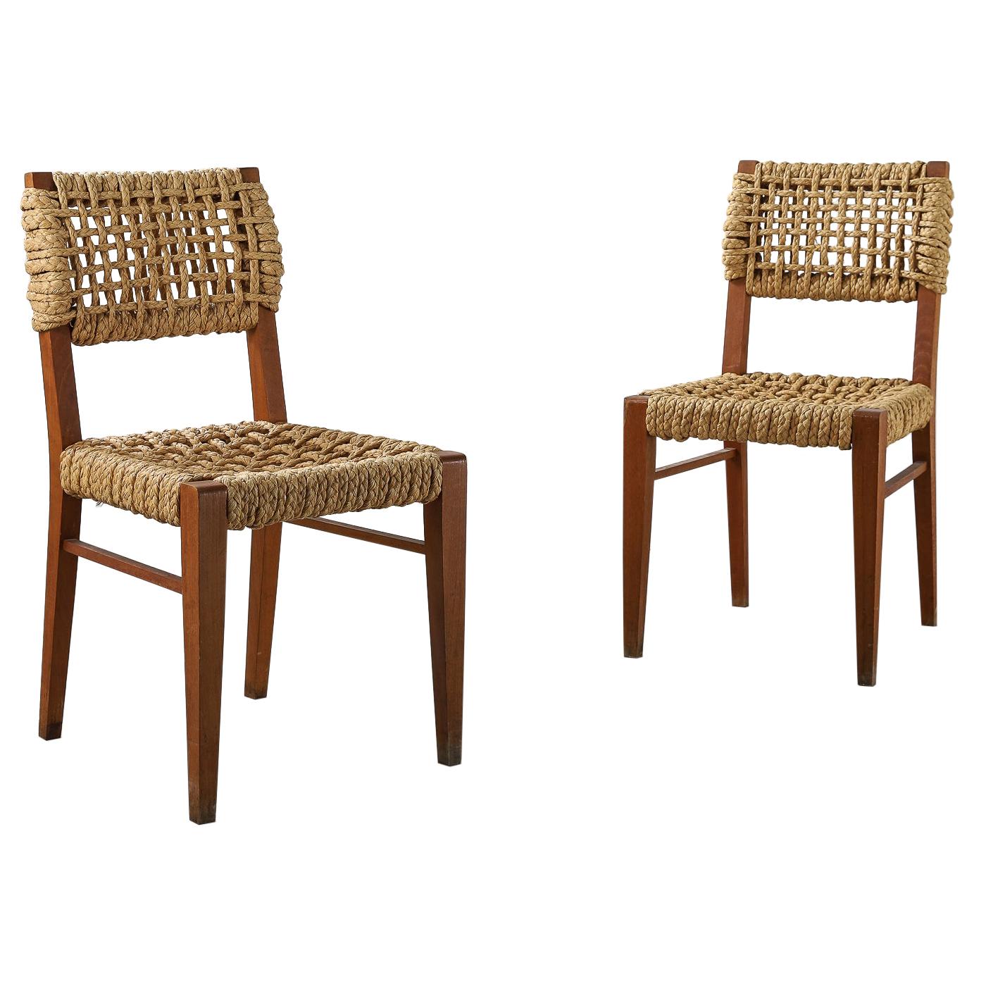Pair of Beech & Woven Rope Dining Chairs by Adrien Audoux and Frida Minet, 1950s