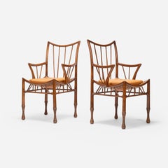 Pair of Beechwood and Leather "Thebes" Armchairs by Liberty & Co