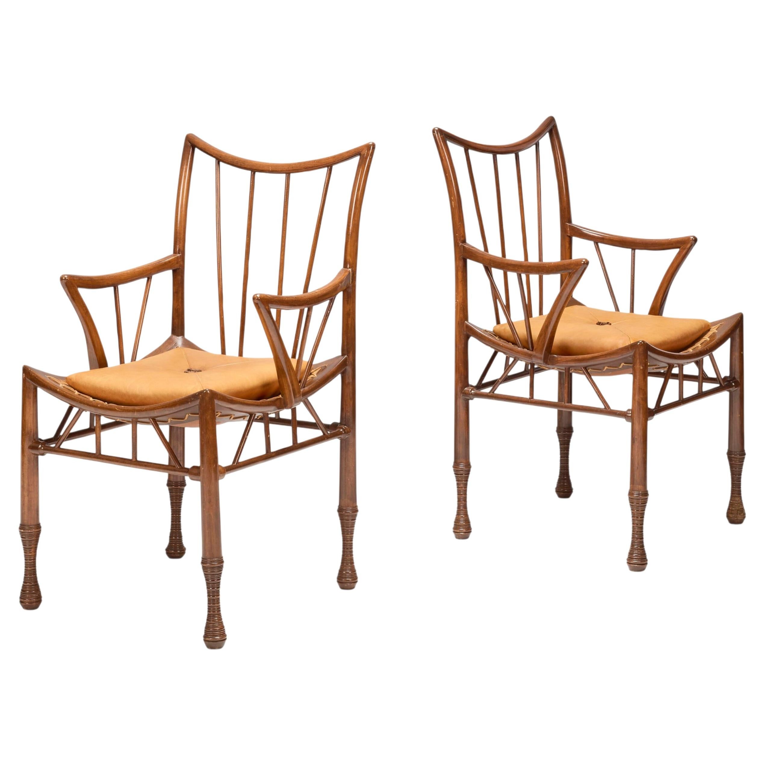 Pair of Beechwood and Leather "Thebes" Armchairs by Liberty & Co