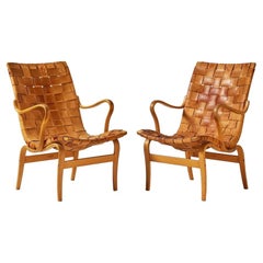 Retro Pair of beechwood and patinated leather Easy Reading Chairs by Bruno Mathsson