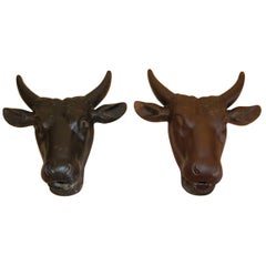 Pair of Beef Heads in Cast Iron Facade Butcher, 19th Century