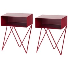 Pair of Burgundy Steel Robot Side Tables / Nightstands