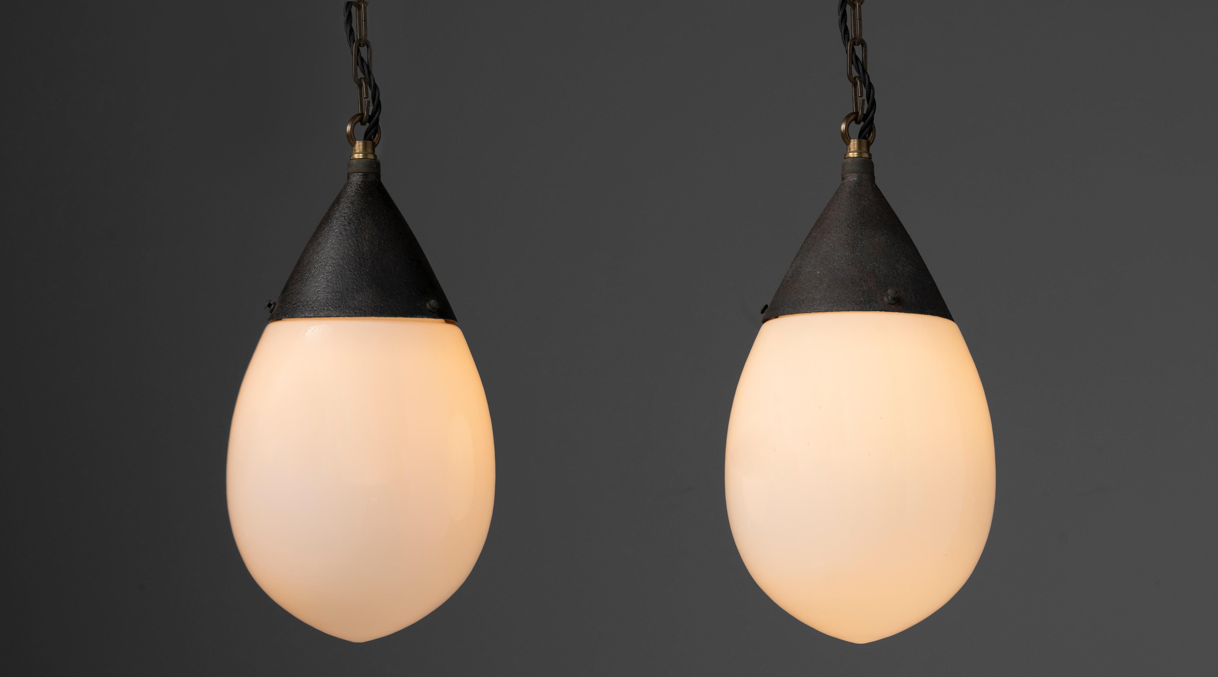 Germany, 1930
Pair of Behrens Opaline Teardrop Pendants with Original Ceiling Roses
7.5”dia x 65”h
Ref. L5284
$ 3,800 ea ( 2 avail )
