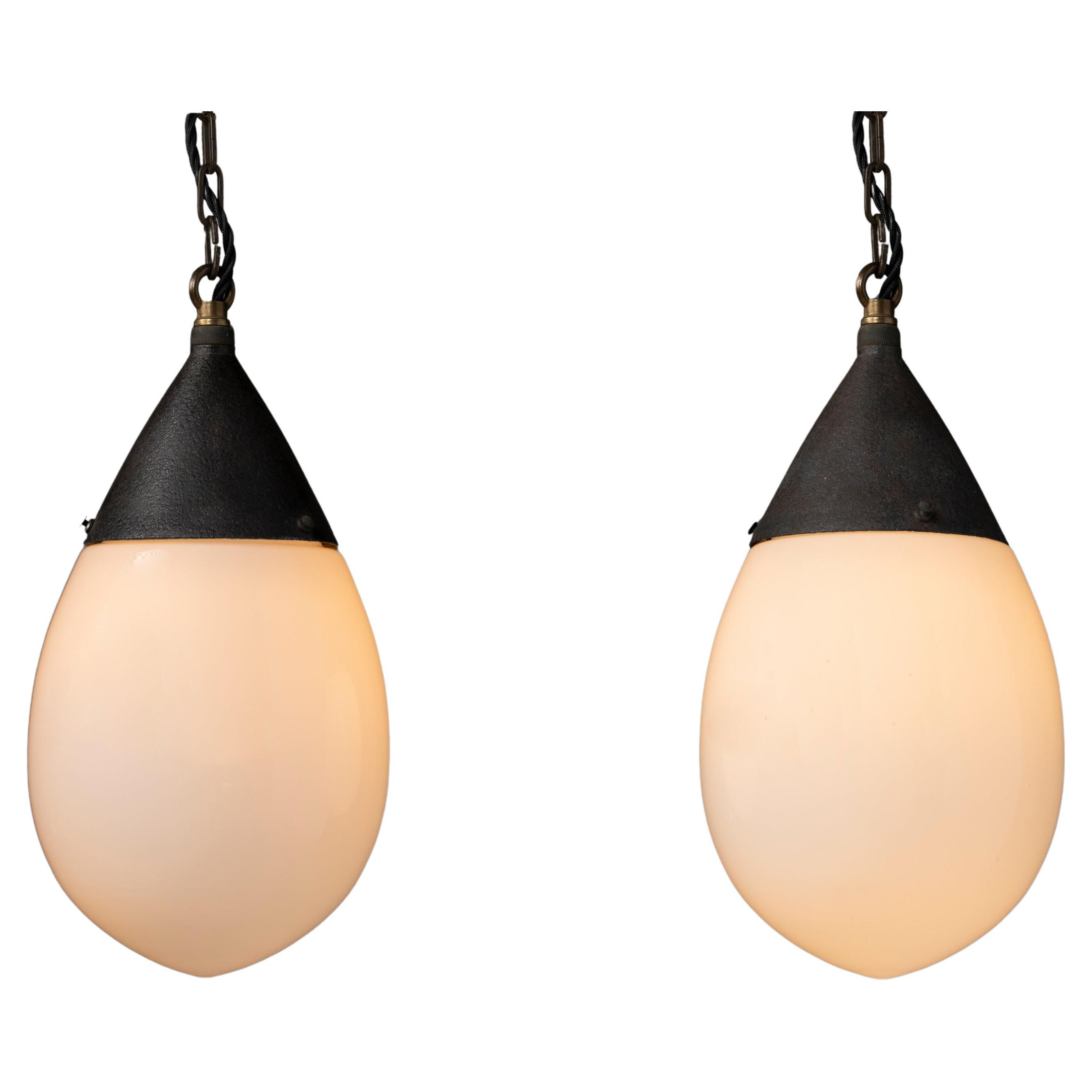 Pair of Behrens Opaline Teardrop Pendants. with Original Ceiling Roses For Sale
