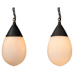 Pair of Behrens Opaline Teardrop Pendants. with Original Ceiling Roses