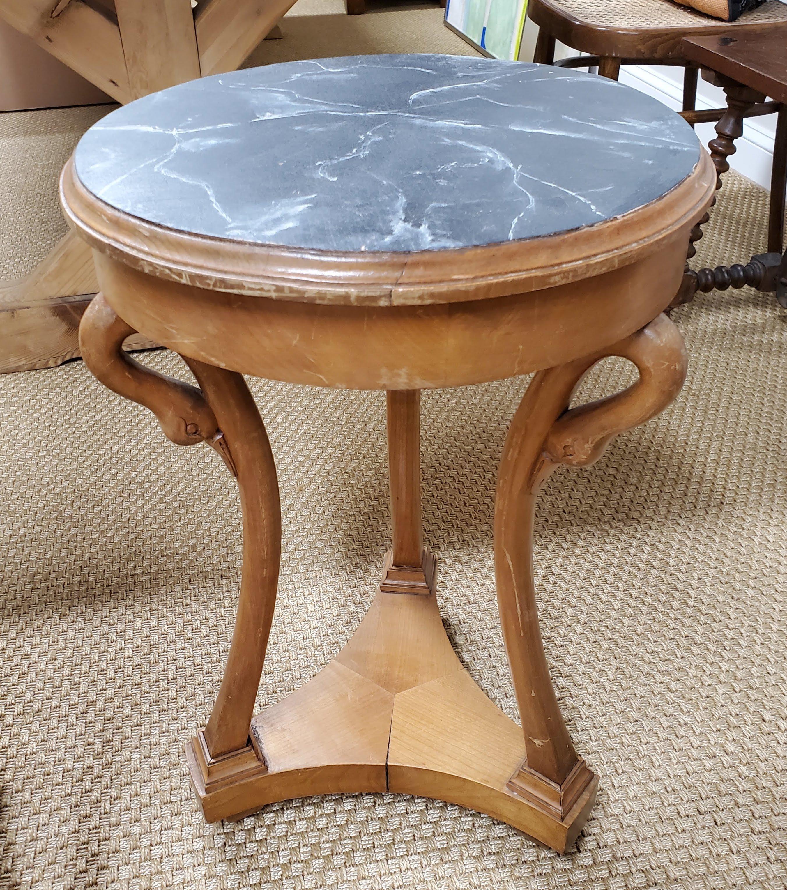 Biedermeier Pair of Beidermeier Style Round Pearwood Occasional Tables with Faux Marble Tops