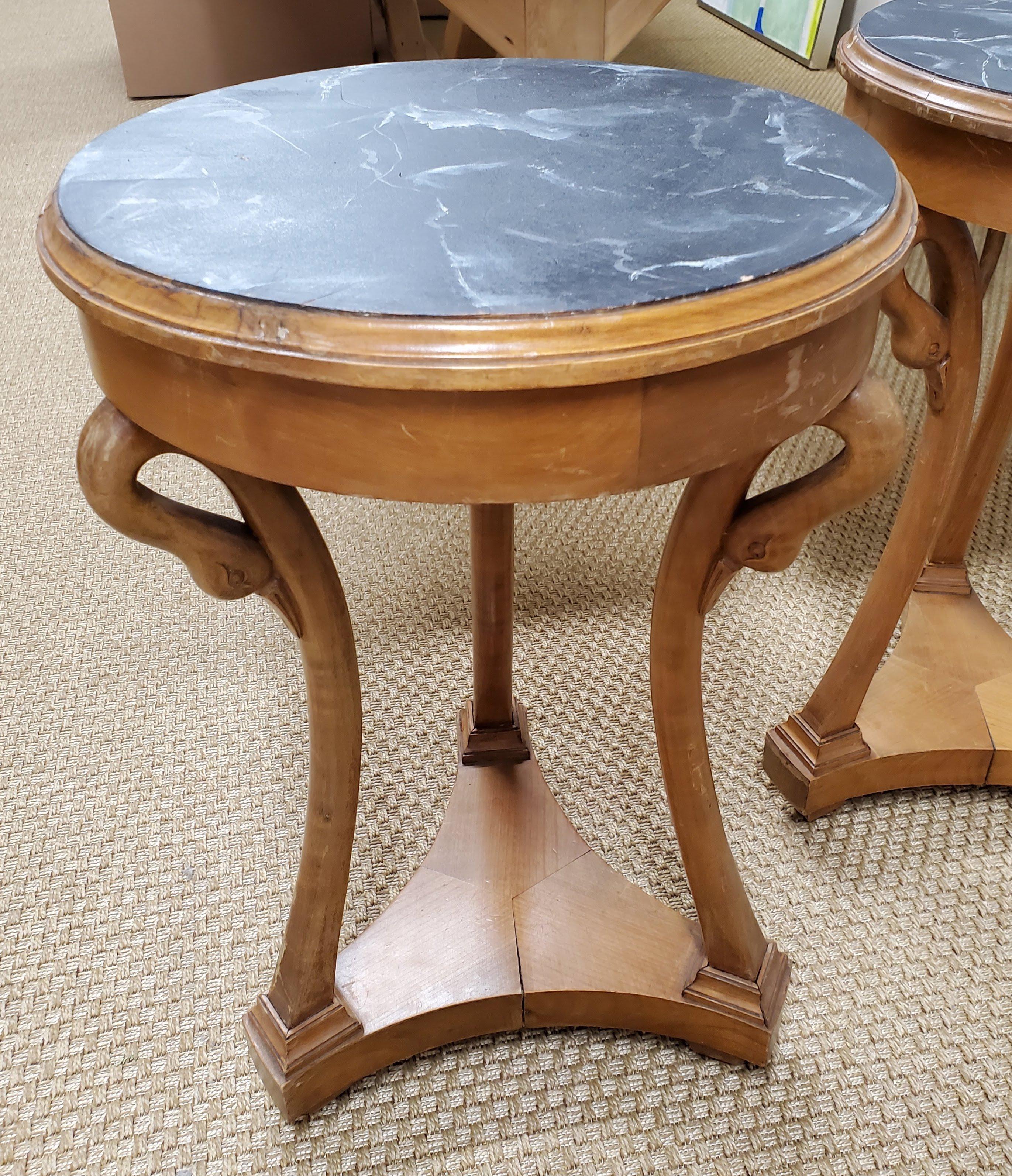 Unknown Pair of Beidermeier Style Round Pearwood Occasional Tables with Faux Marble Tops