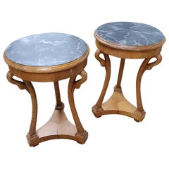 Pair of Beidermeier Style Round Pearwood Occasional Tables with Faux Marble Tops