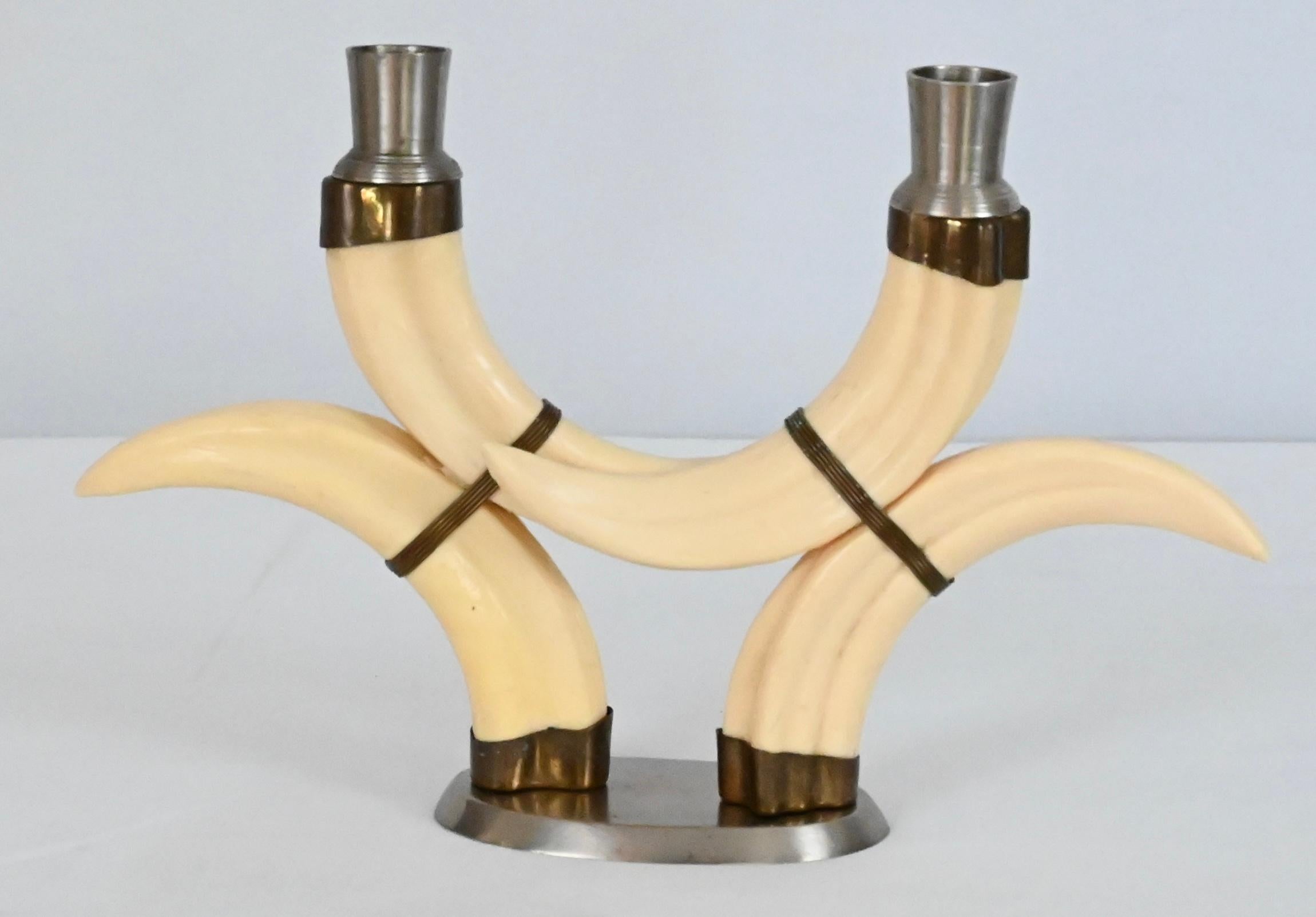 French Pair of Beige Faux Horn Candlesticks Mounted in Nickel For Sale
