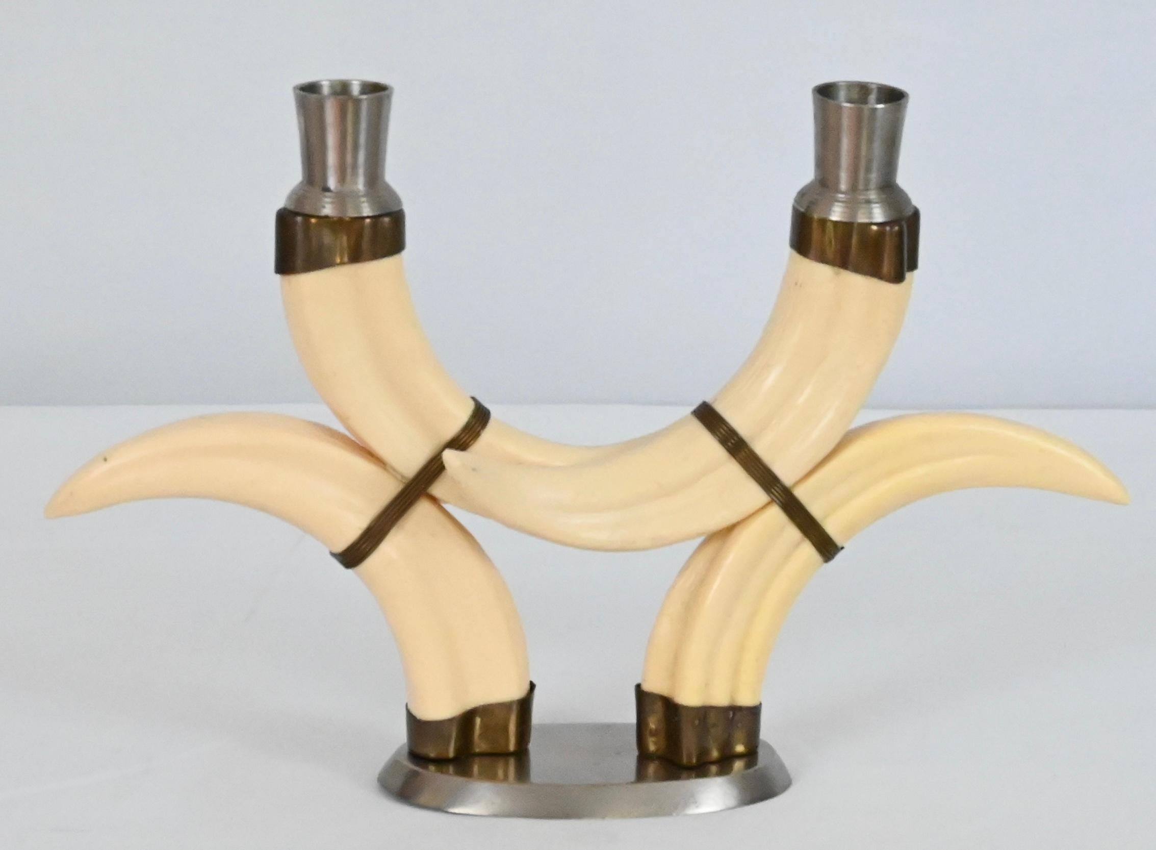 Pair of Beige Faux Horn Candlesticks Mounted in Nickel In Good Condition For Sale In Miami, FL