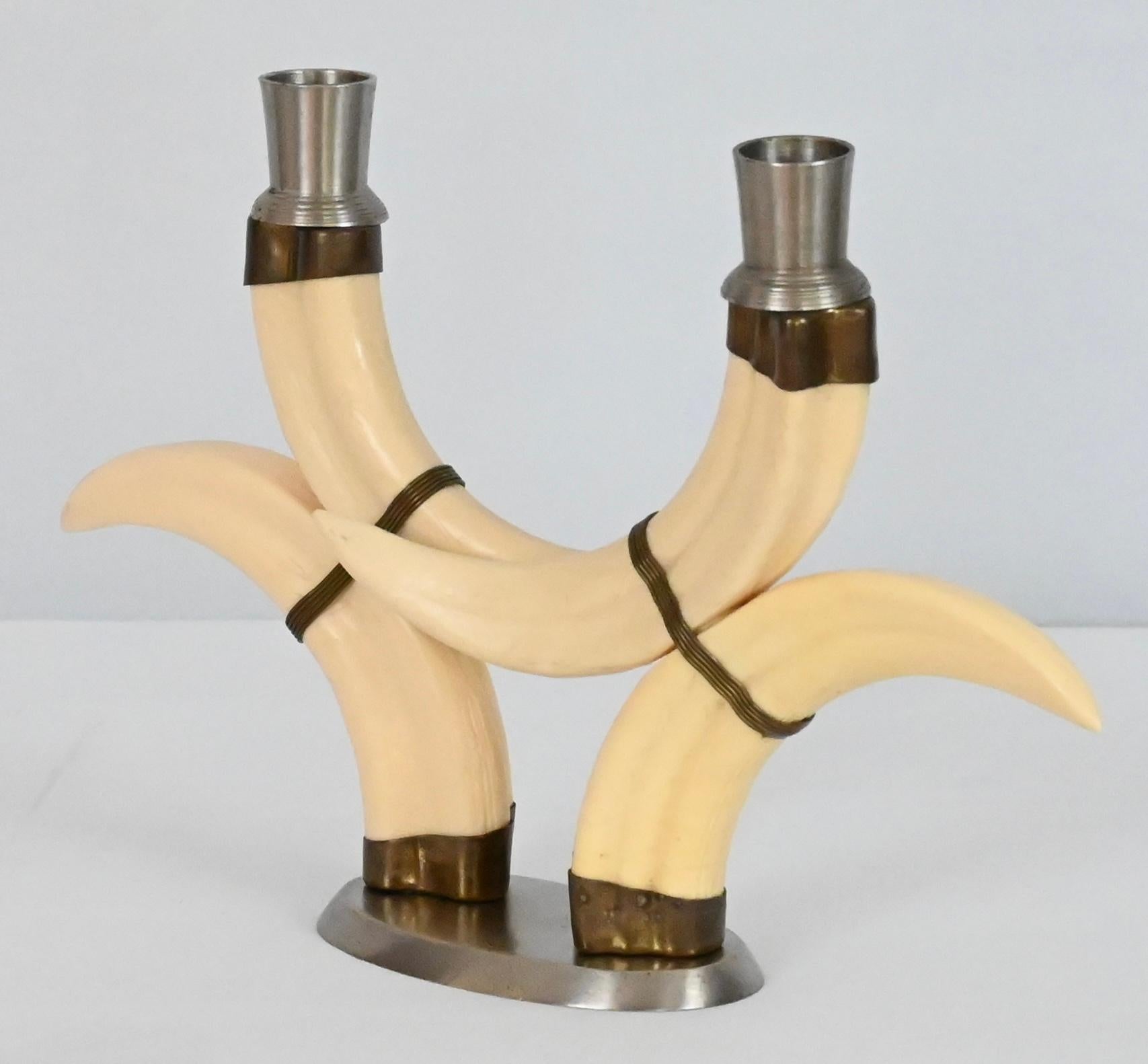 Brass Pair of Beige Faux Horn Candlesticks Mounted in Nickel For Sale