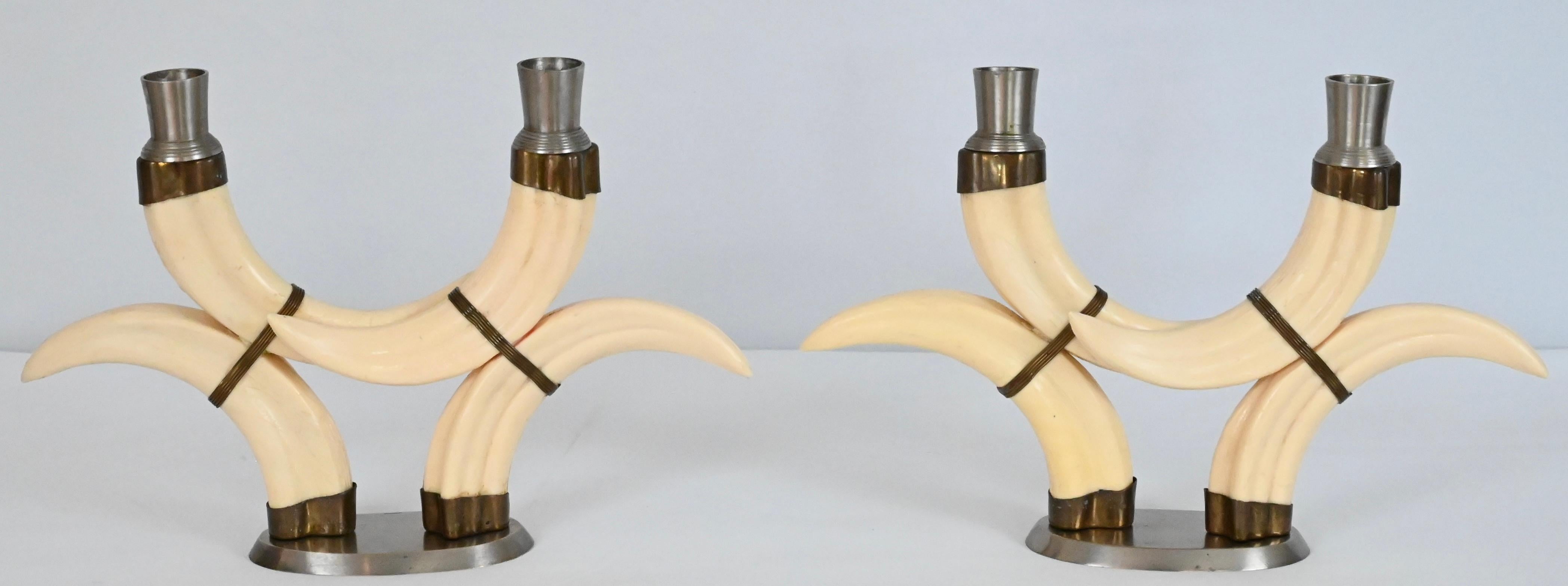 Pair of Beige Faux Horn Candlesticks Mounted in Nickel For Sale 1
