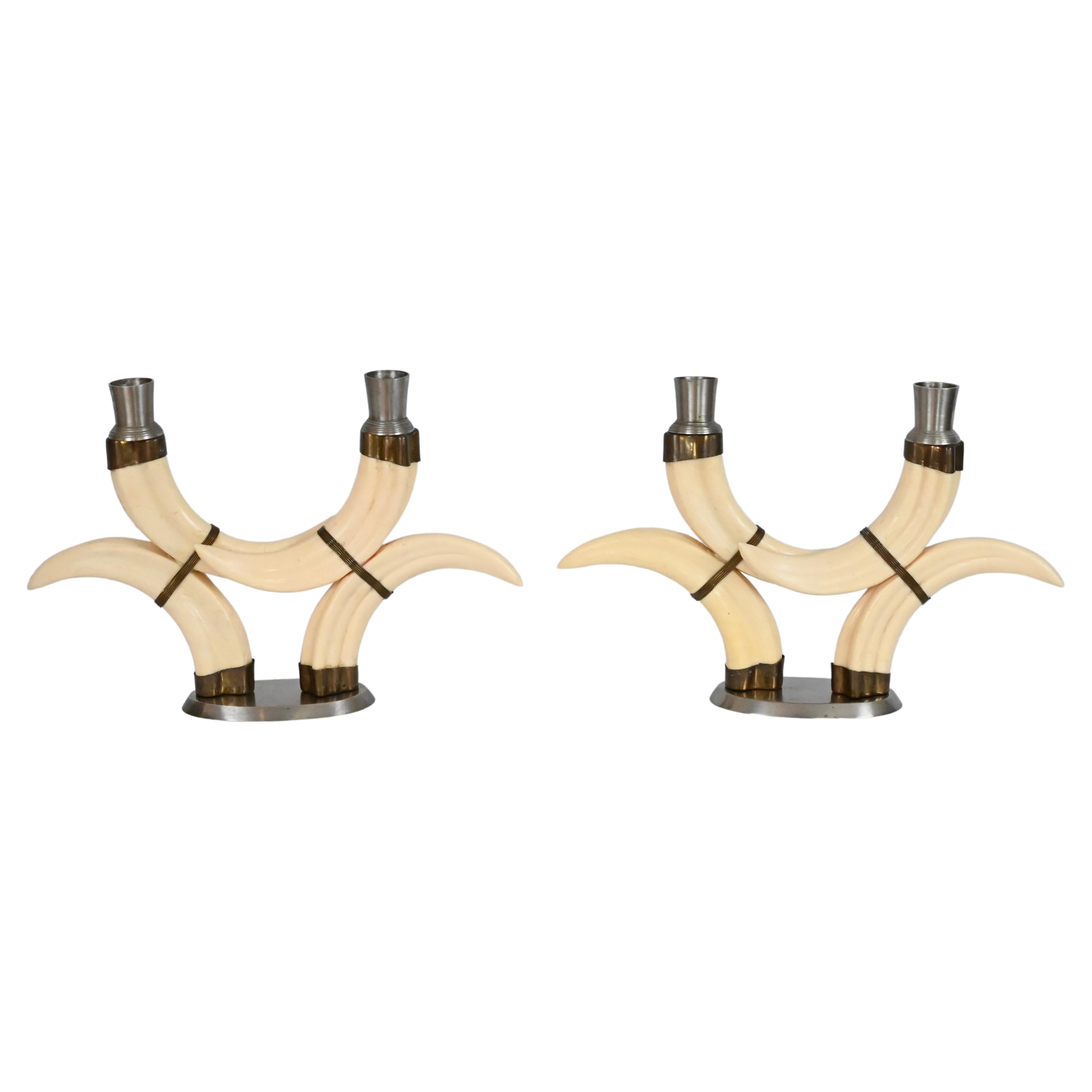 Pair of Beige Faux Horn Candlesticks Mounted in Nickel For Sale