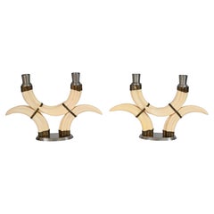 Pair of Beige Faux Horn Candlesticks Mounted in Nickel