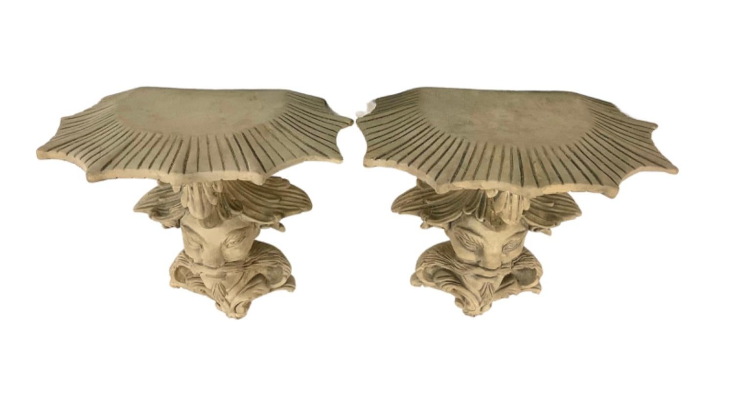 Carved Pair of Beige Chinoiserie Terra Cotta Wall Brackets
