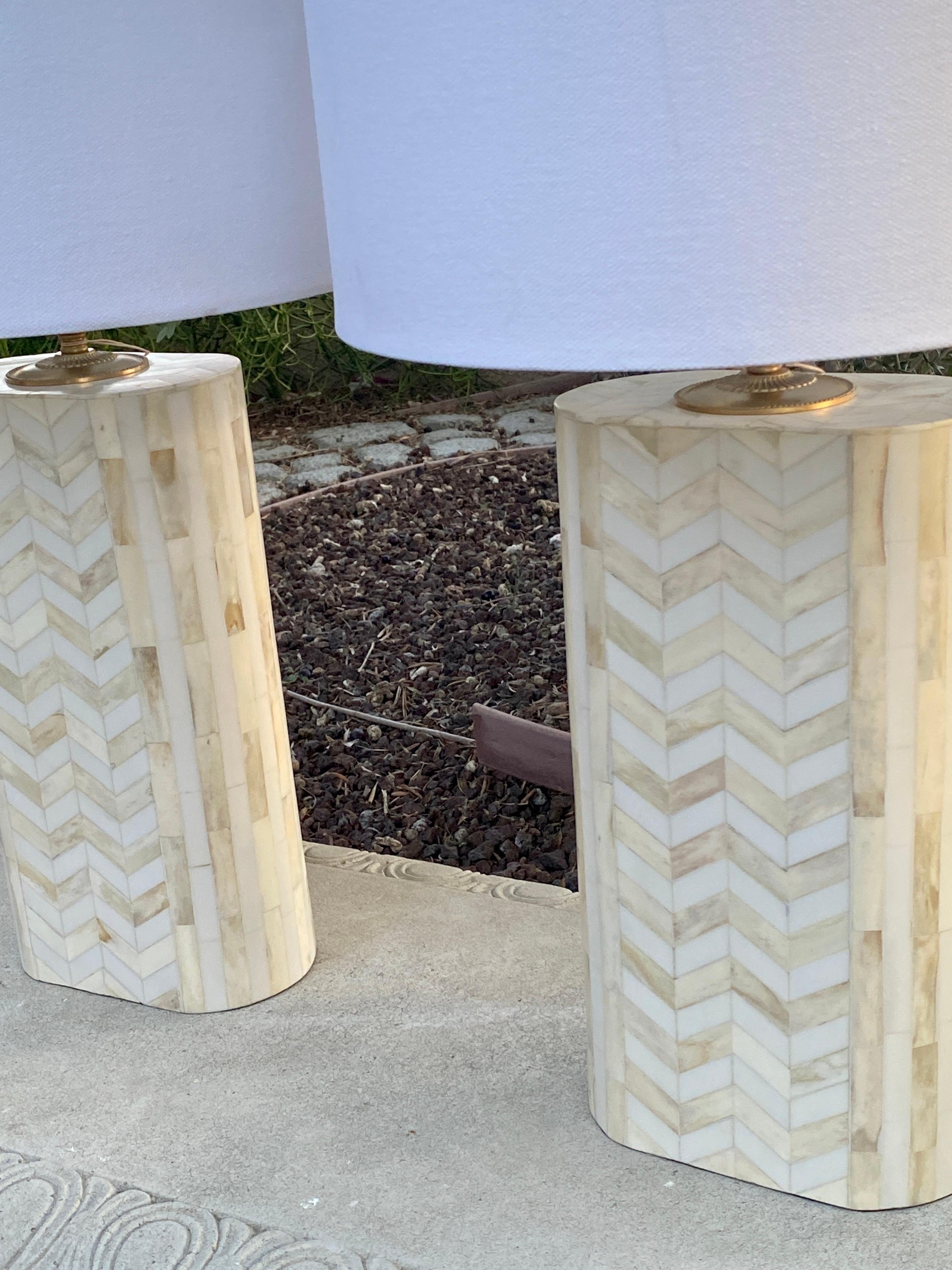 Pair of Beige/Cream Hand Crafted Tessellated Bone & Gold Lamps w/ Shades   1