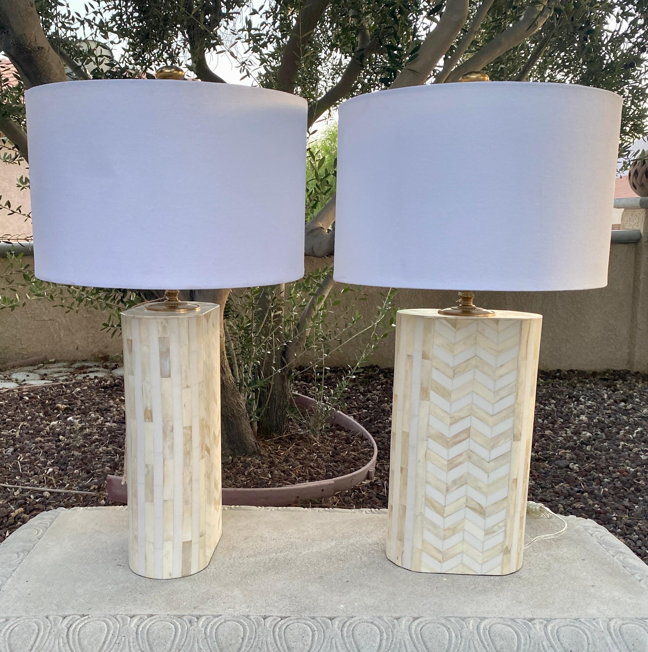 Pair of Beige/Cream Hand Crafted Tessellated Bone & Gold Lamps w/ Shades   4