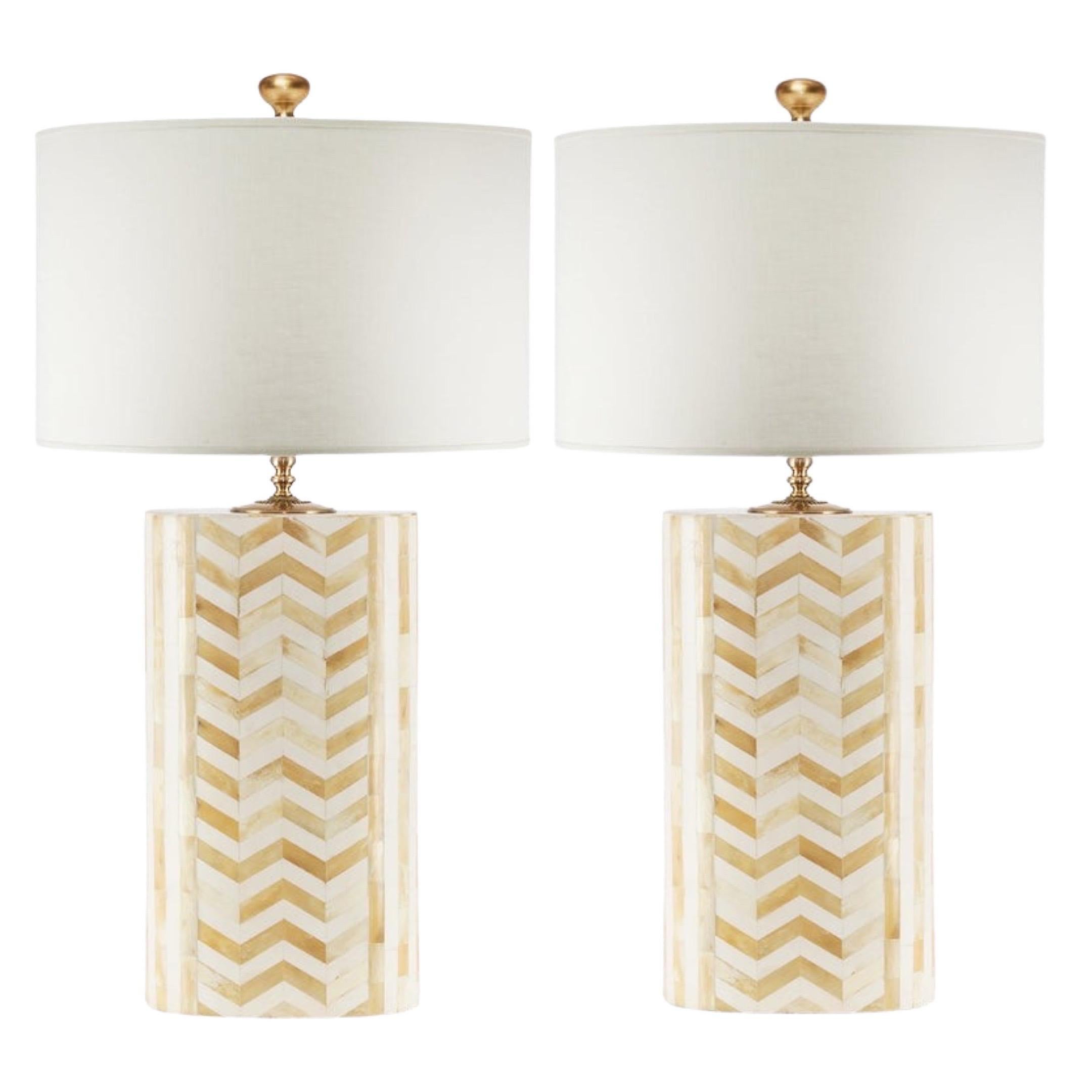 Pair of Beige/Cream Hand Crafted Tessellated Bone & Gold Lamps w/ Shades  