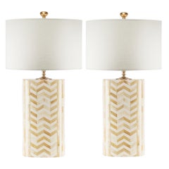 Pair of Beige/Cream Hand Crafted Tessellated Bone & Gold Lamps w/ Shades  