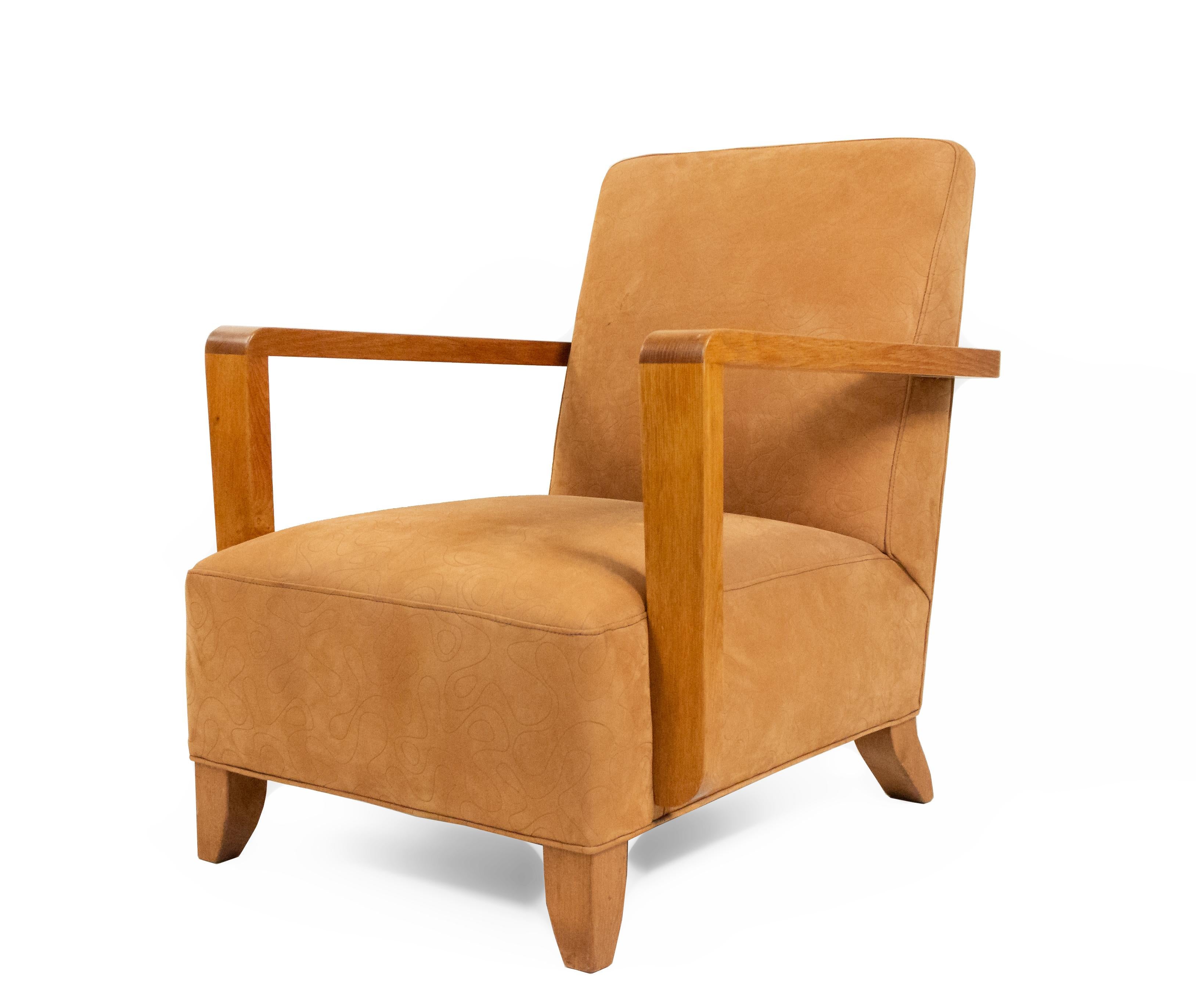 Pair of Tan French Modernist Oak Armchairs For Sale 1