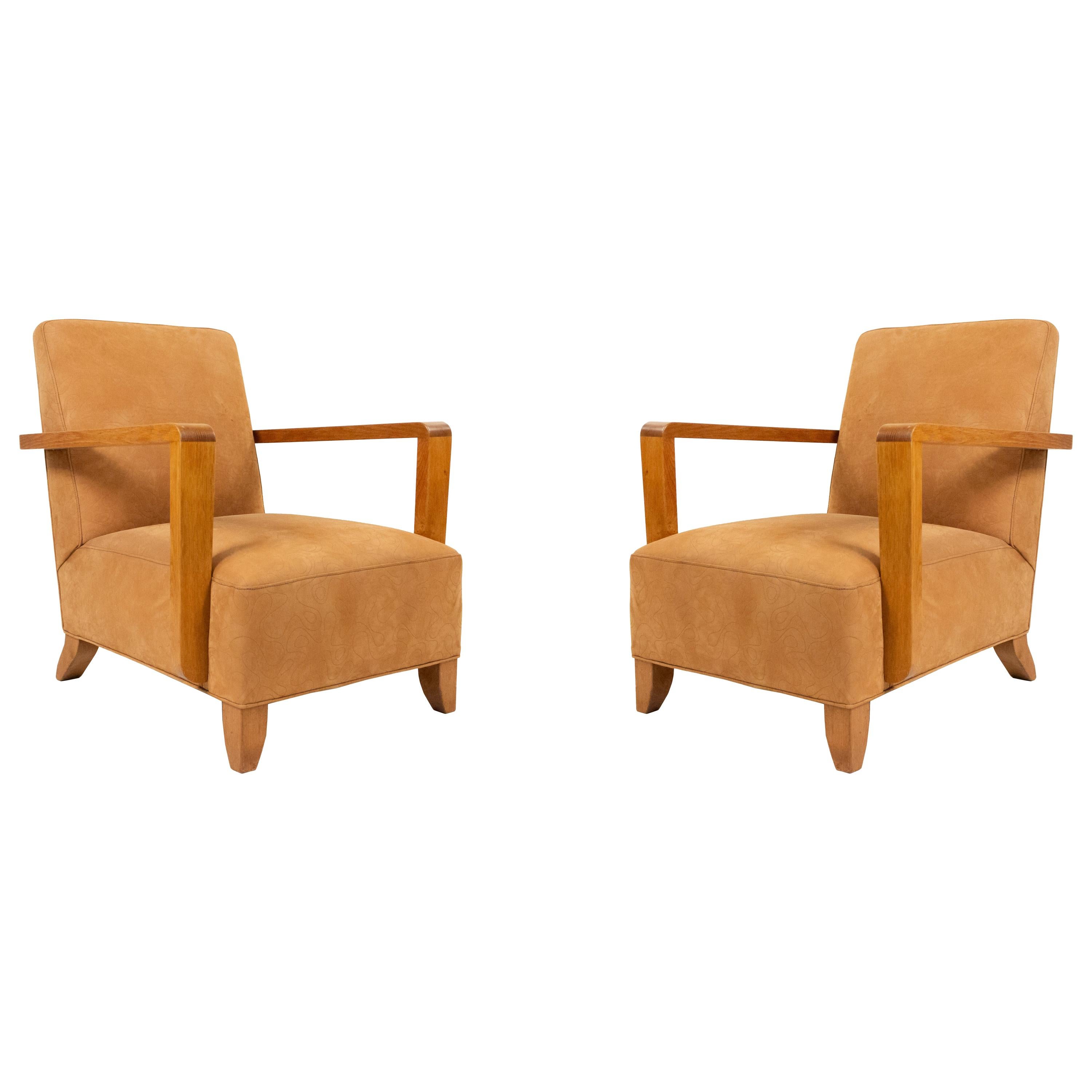 Pair of Tan French Modernist Oak Armchairs