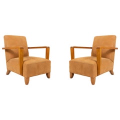 Pair of Tan French Modernist Oak Armchairs