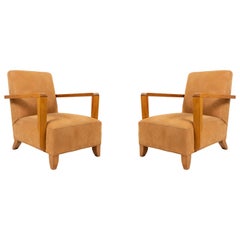 Retro Pair of Tan French Modernist Oak Armchairs